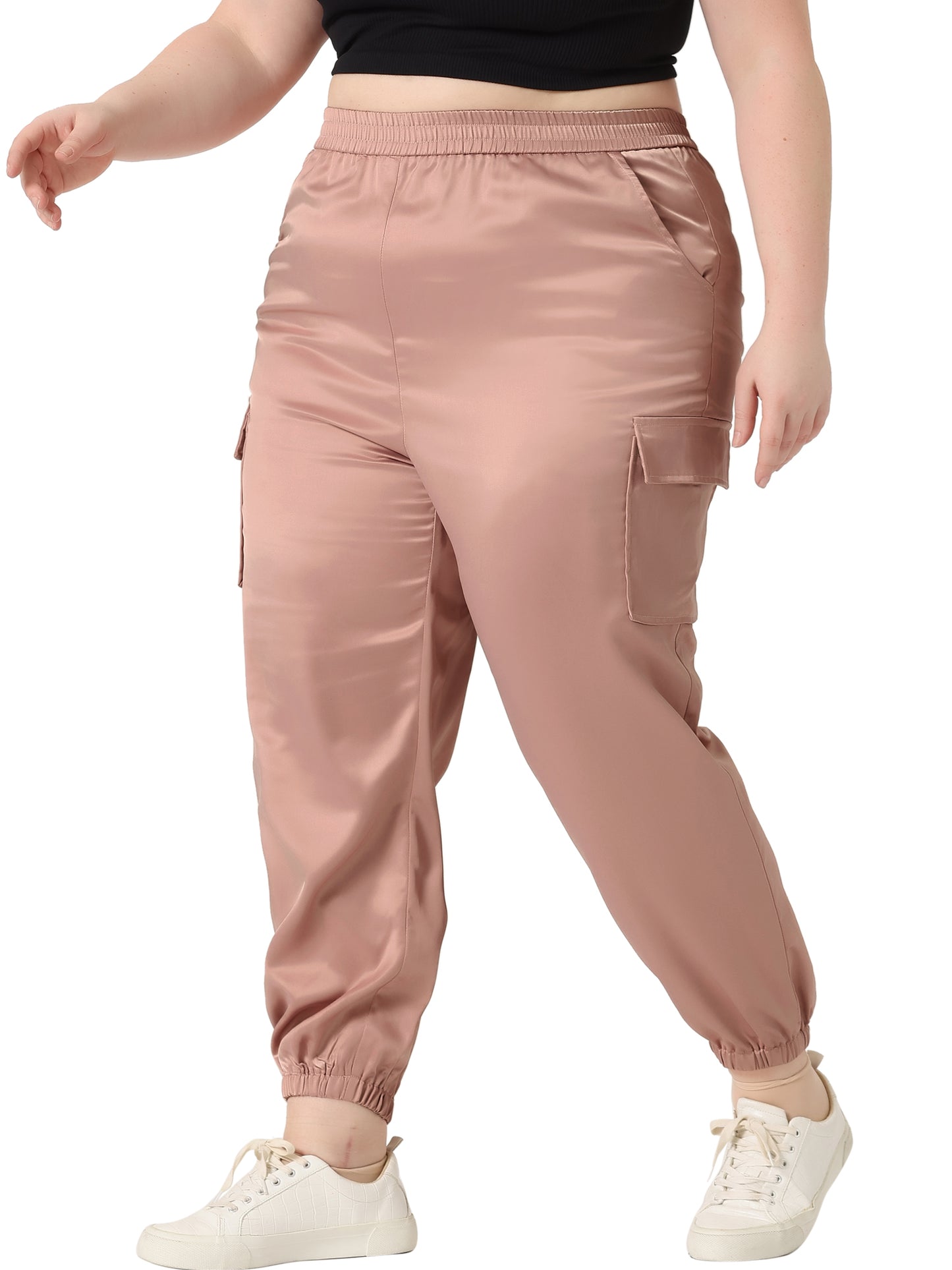 Women Plus Size Satin Joggers Elastic Waist Athleisure Ankle Length Cargo Pants with Pocket