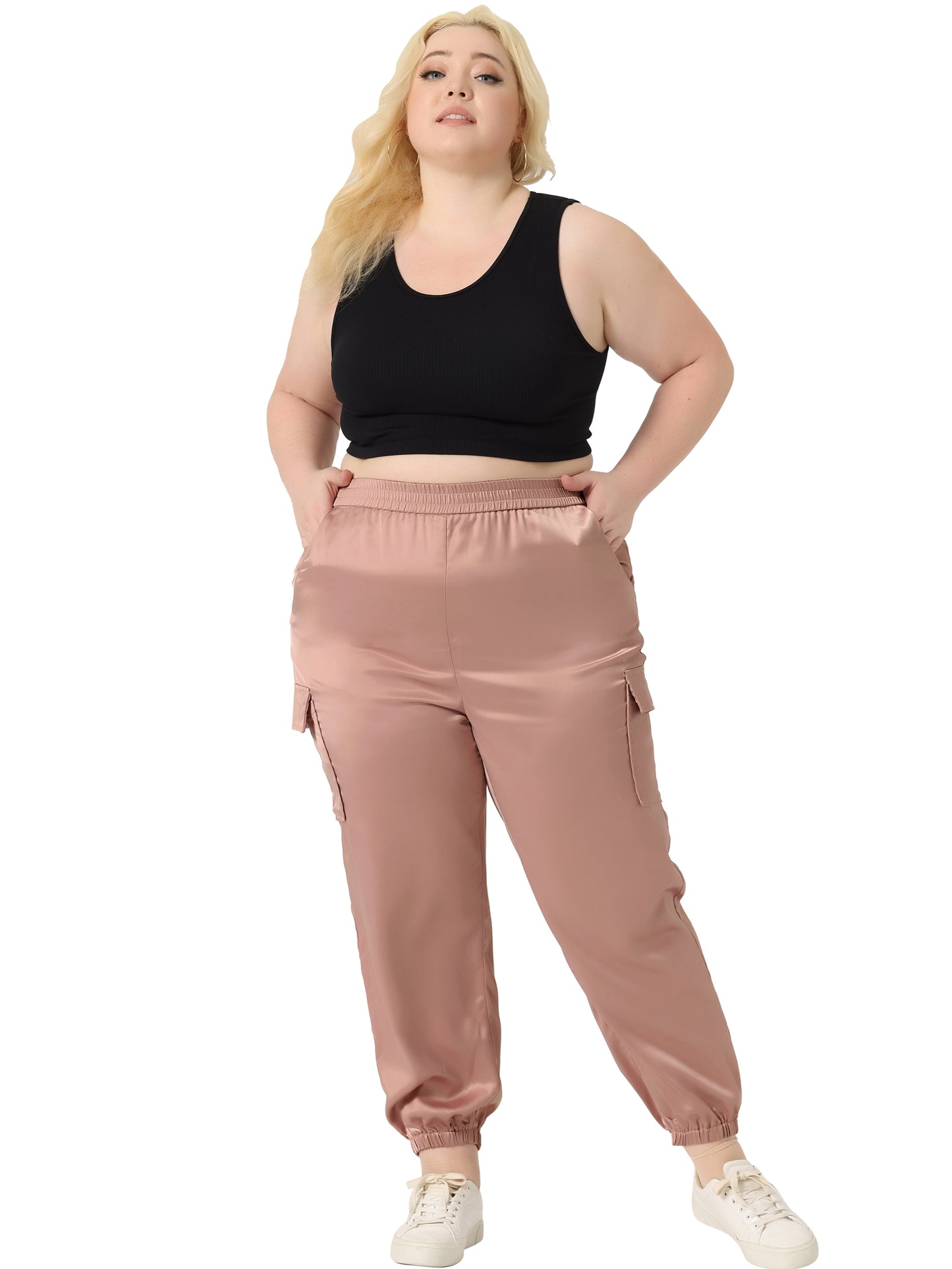Women Plus Size Satin Joggers Elastic Waist Athleisure Ankle Length Cargo Pants with Pocket