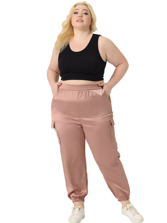Women Plus Size Satin Joggers Elastic Waist Athleisure Ankle Length Cargo Pants with Pocket