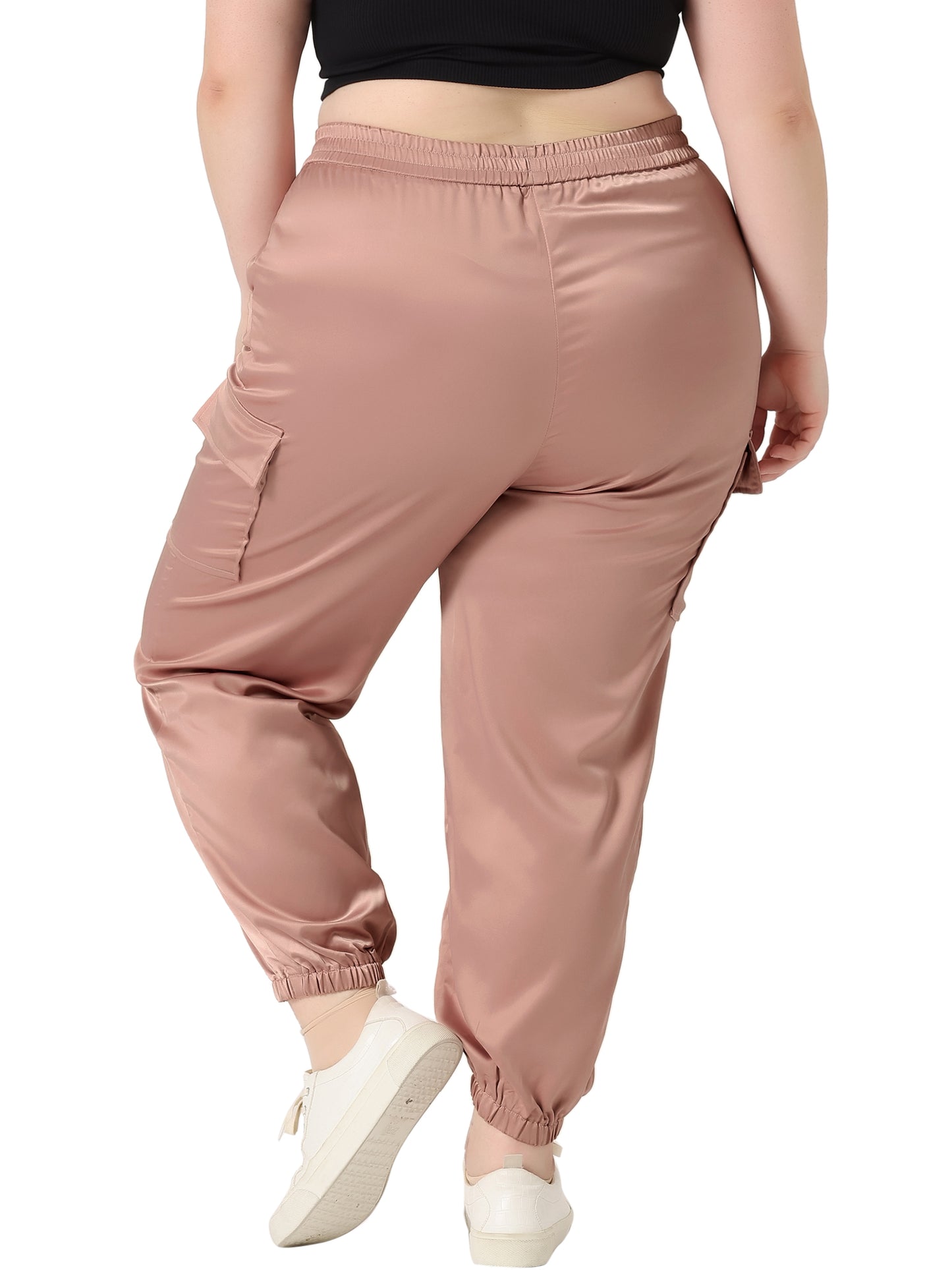 Women Plus Size Satin Joggers Elastic Waist Athleisure Ankle Length Cargo Pants with Pocket