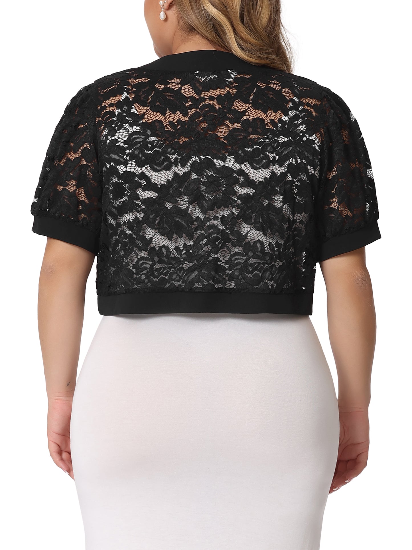 Women Plus Size Short Sleeve Sheer Floral Lace Bolero Shrugs Open Front Cropped Cardigans