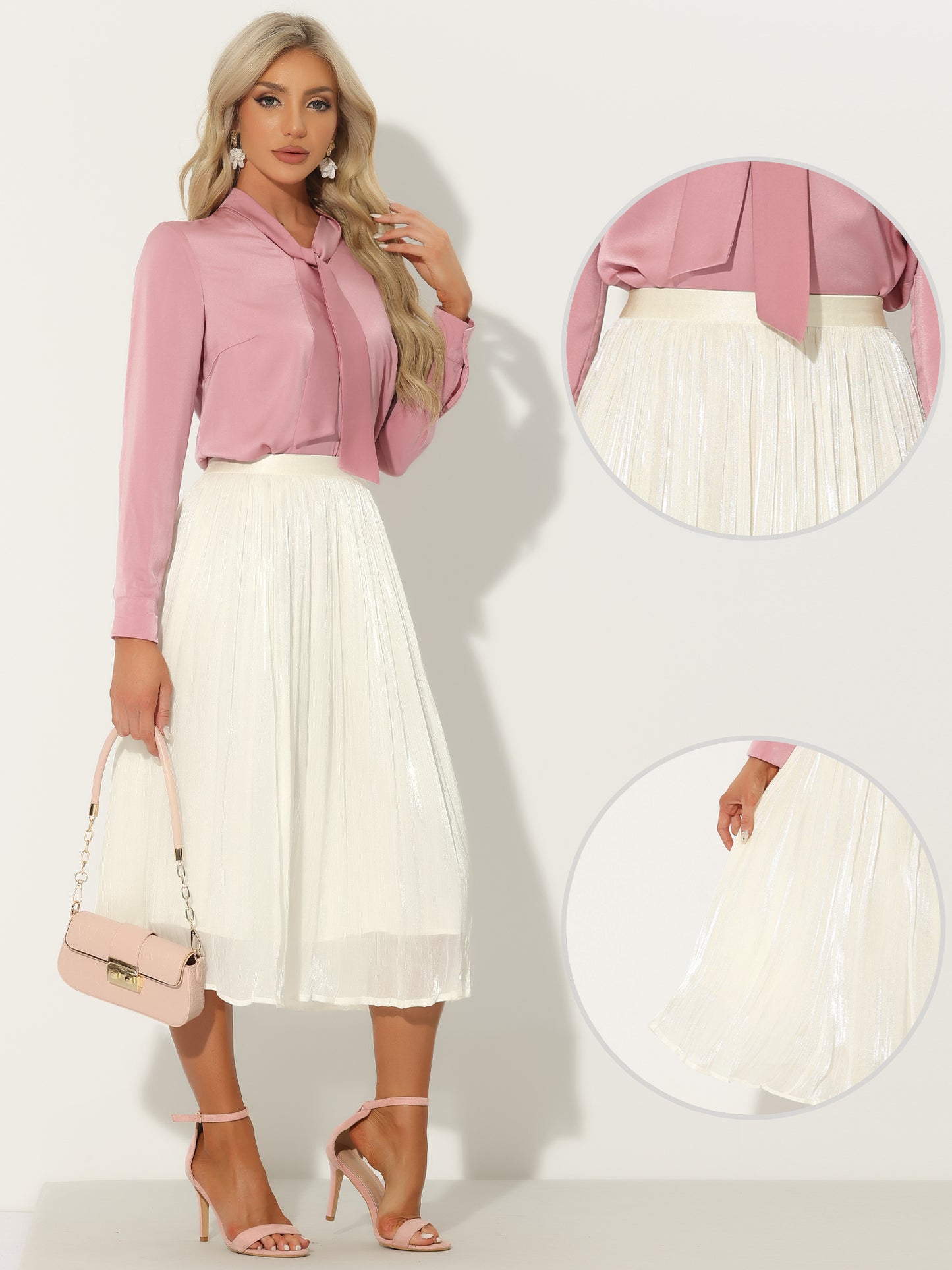 Women's High Elastic Waist Skirt A-Line Swing Pleated Midi Skirt