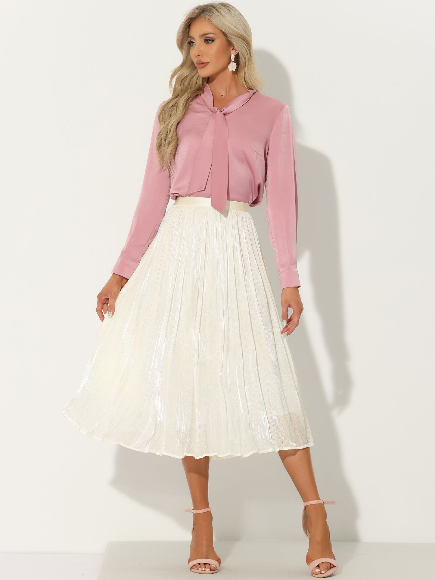 Women's High Elastic Waist Skirt A-Line Swing Pleated Midi Skirt