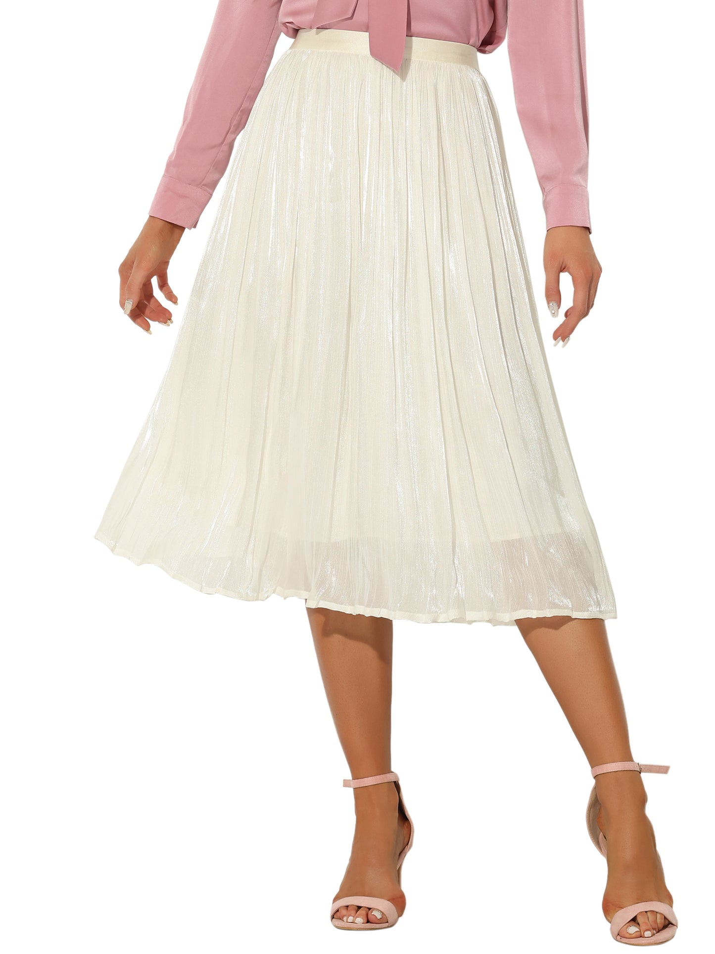 Women's High Elastic Waist Skirt A-Line Swing Pleated Midi Skirt