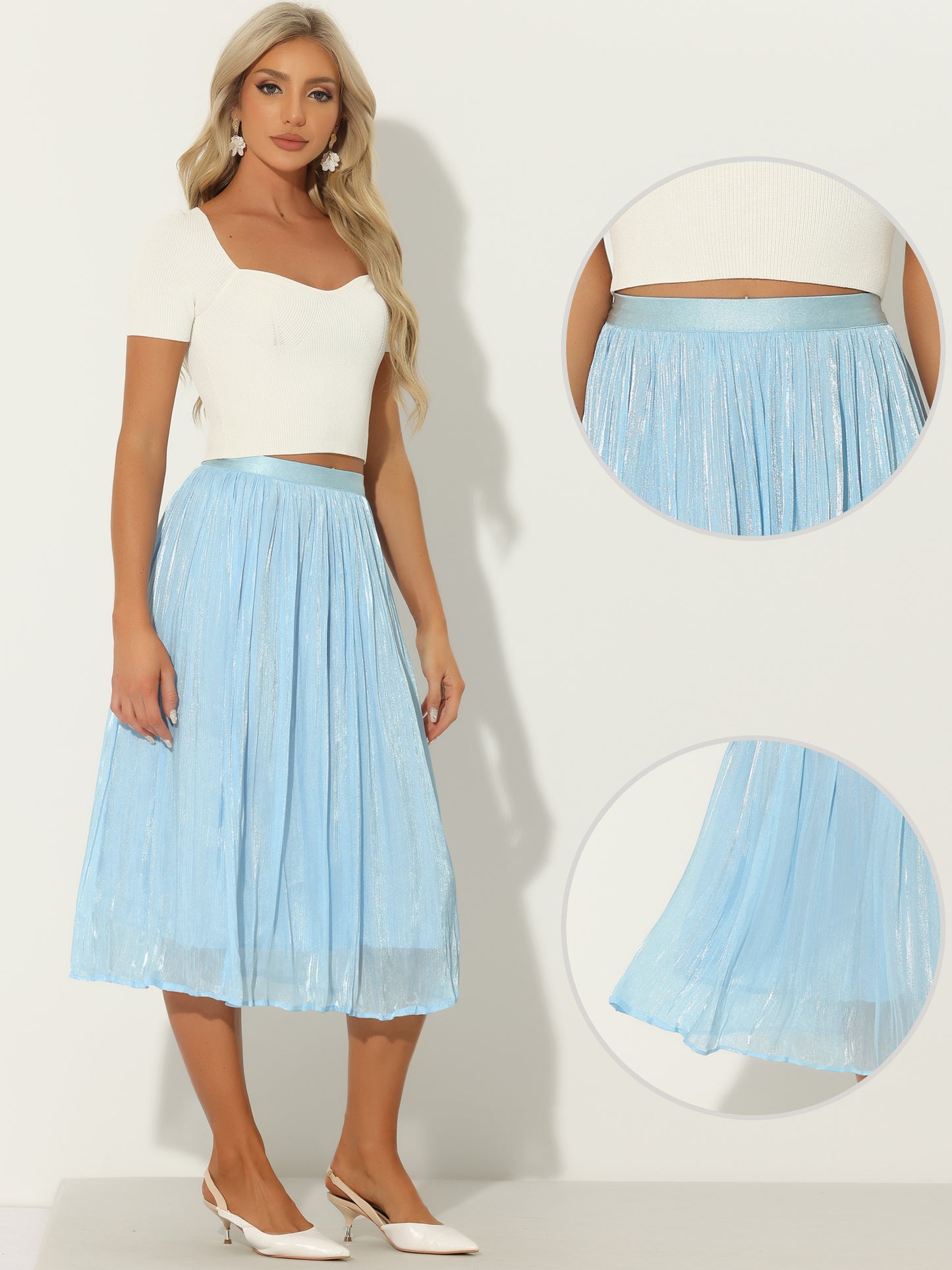 Women's High Elastic Waist Skirt A-Line Swing Pleated Midi Skirt