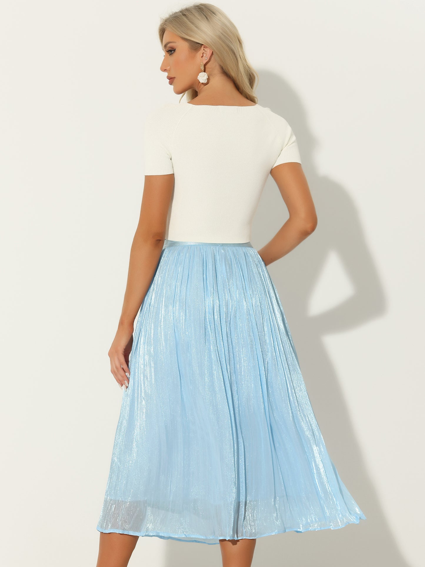 Women's High Elastic Waist Skirt A-Line Swing Pleated Midi Skirt