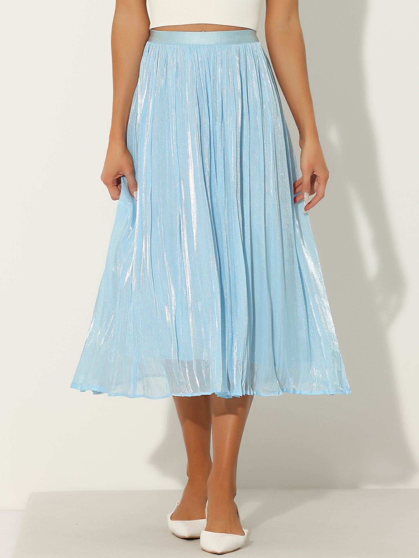 Women's High Elastic Waist Skirt A-Line Swing Pleated Midi Skirt