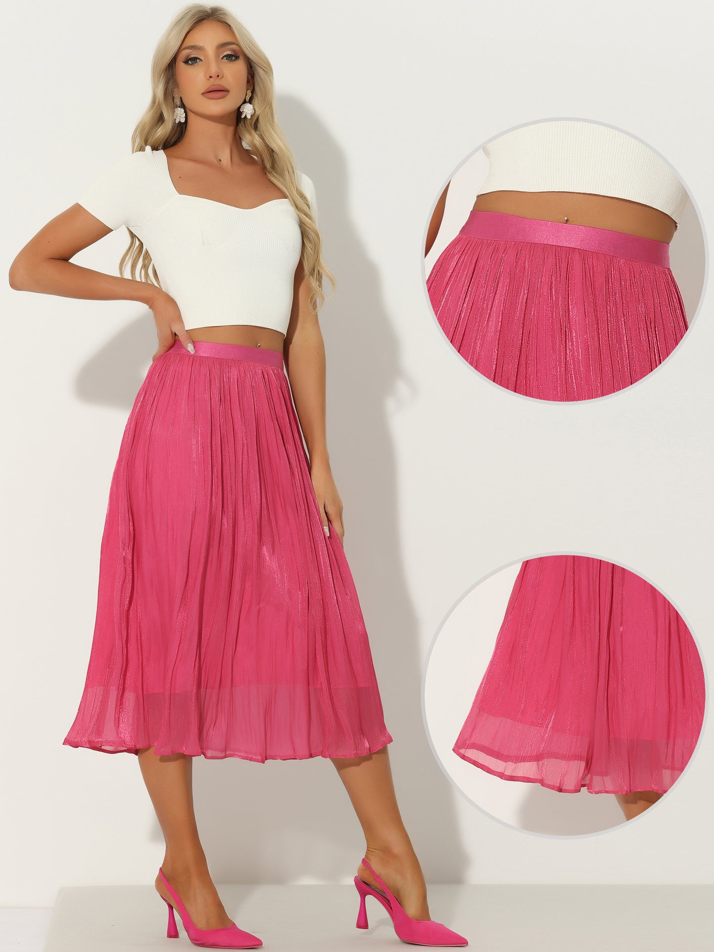 Women's High Elastic Waist Skirt A-Line Swing Pleated Midi Skirt