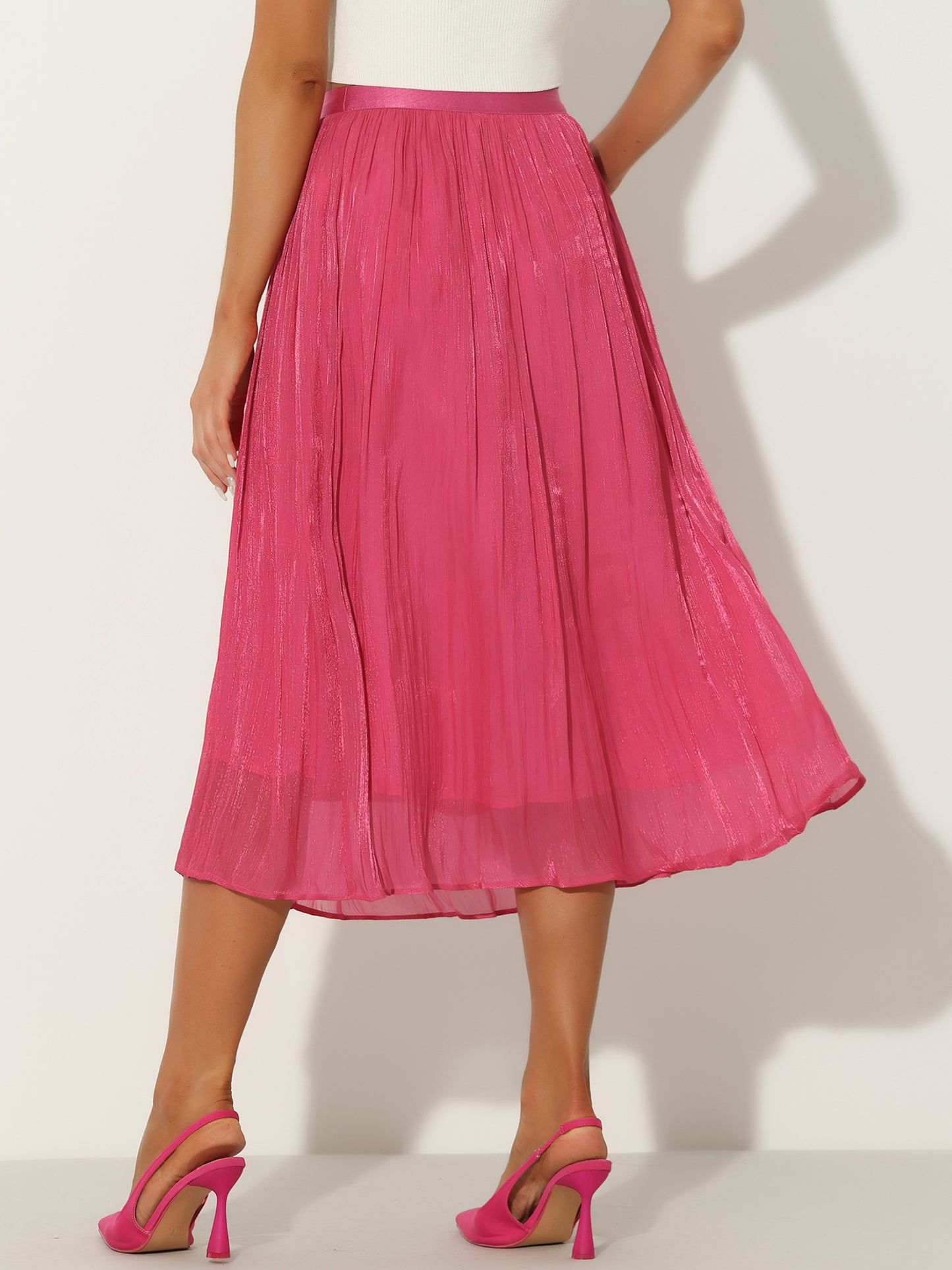 Women's High Elastic Waist Skirt A-Line Swing Pleated Midi Skirt