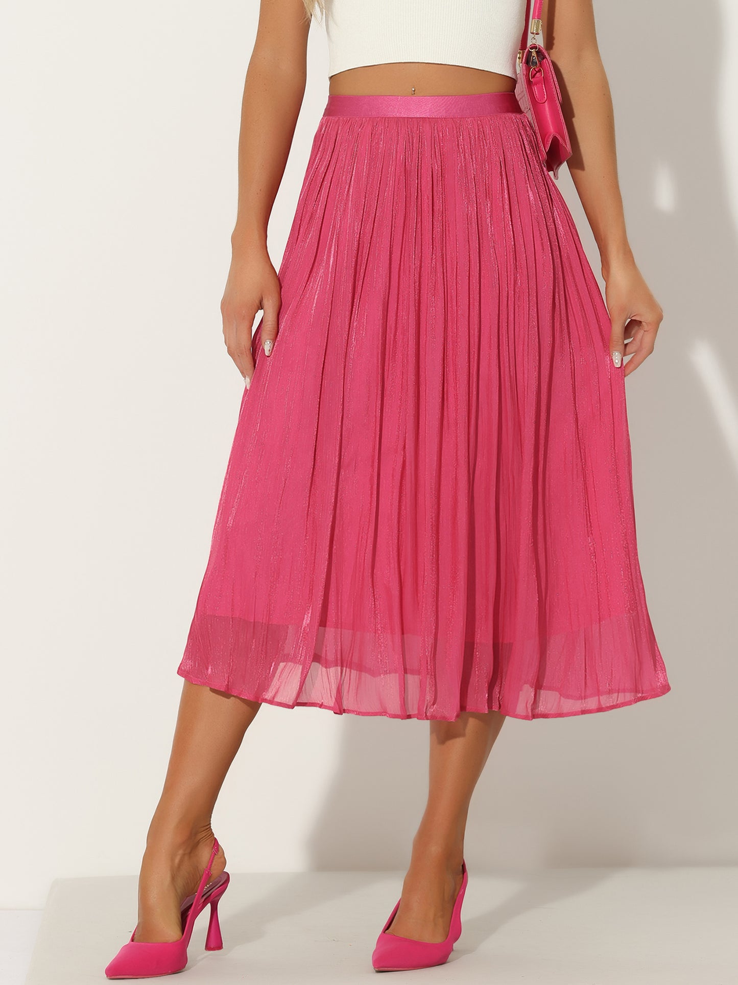 Women's High Elastic Waist Skirt A-Line Swing Pleated Midi Skirt