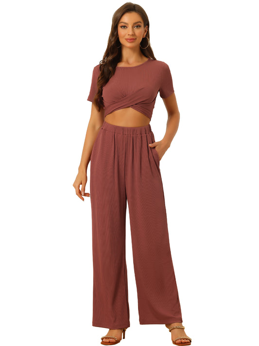 Women's 2 Piece Summer Set Casual Shrot Sleeve Front Twist Cropped Top Wide Leg Pants