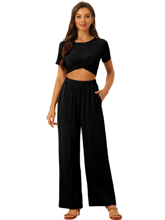 Women's 2 Piece Summer Set Casual Shrot Sleeve Front Twist Cropped Top Wide Leg Pants