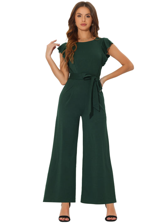 Women's Sleeveless Ruffle Jumpsuits High Waist Wide Legs Belted Elegant Office Romper
