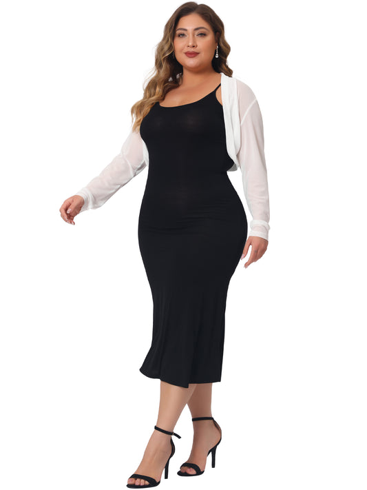 Women Plus Size Mesh Crop Cardigans Long Sleeve Open Front See Through Sheer Bolero Shrug Top