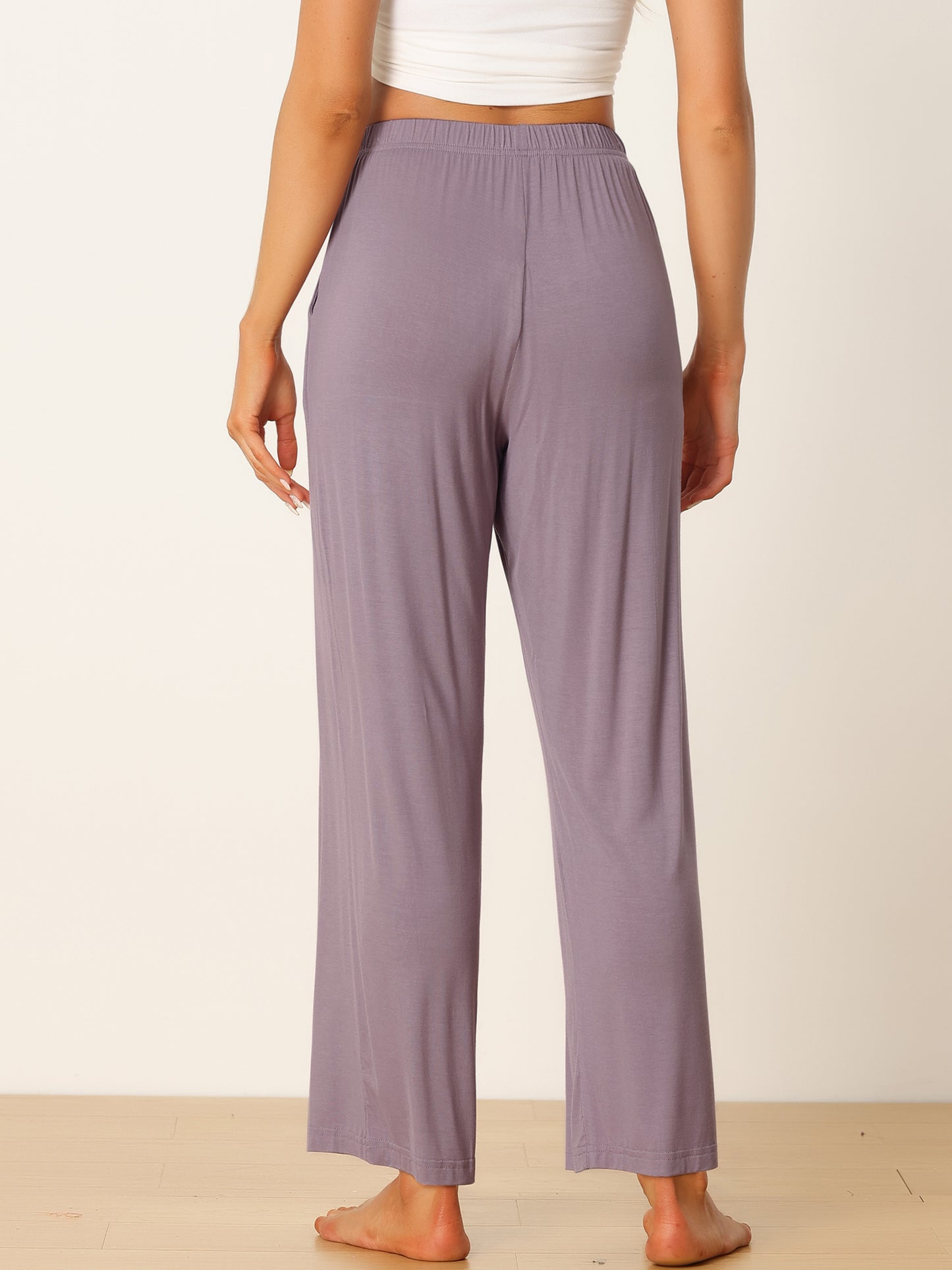 Women's Cotton Sleep Pants Elastic Waist Wide-Leg Straight Pants Sleepwear with Pockets