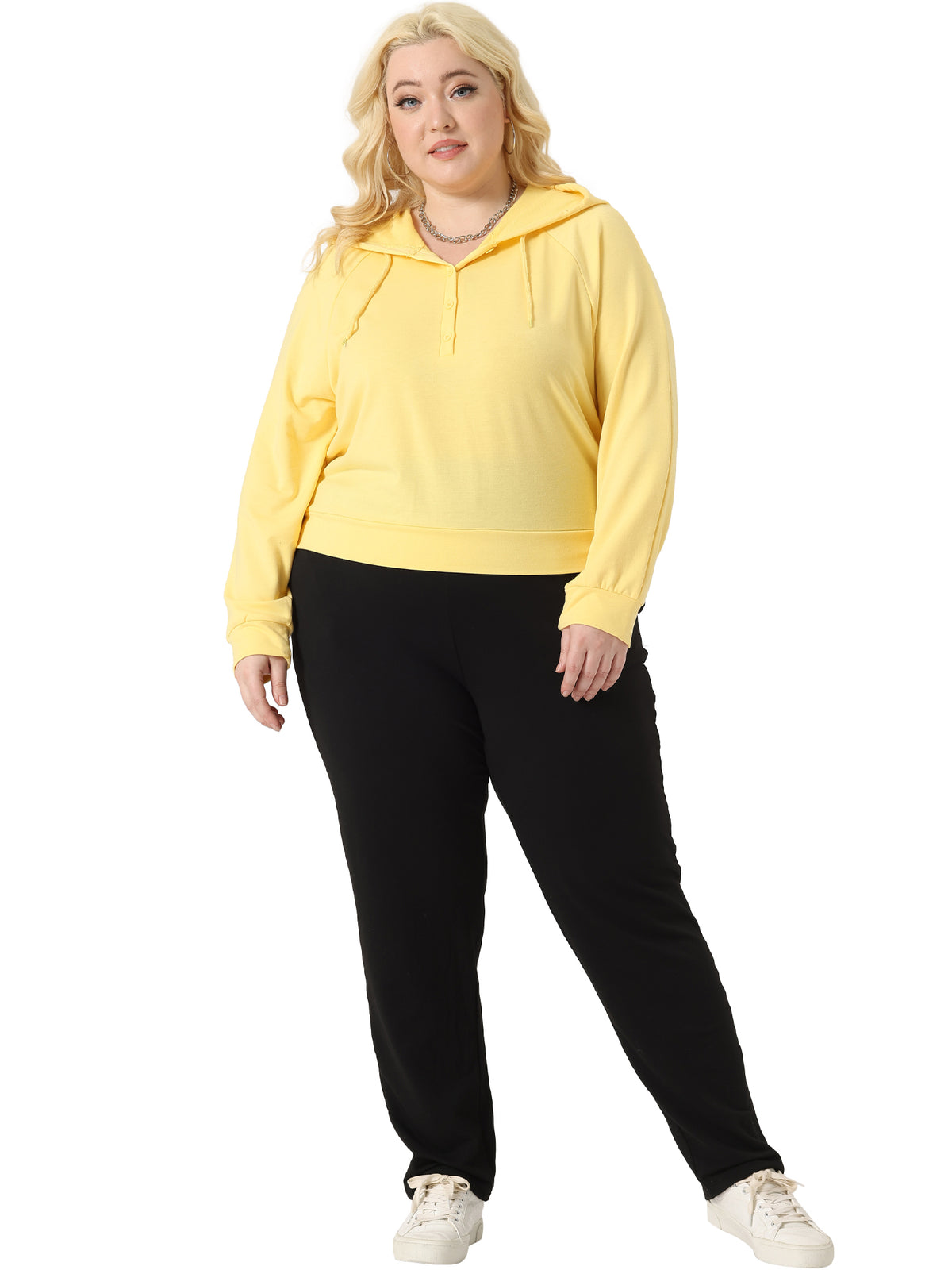 Women Plus Size Hoodies Button Collar Drawstring Hoodies Pullover Sweatshirts Top