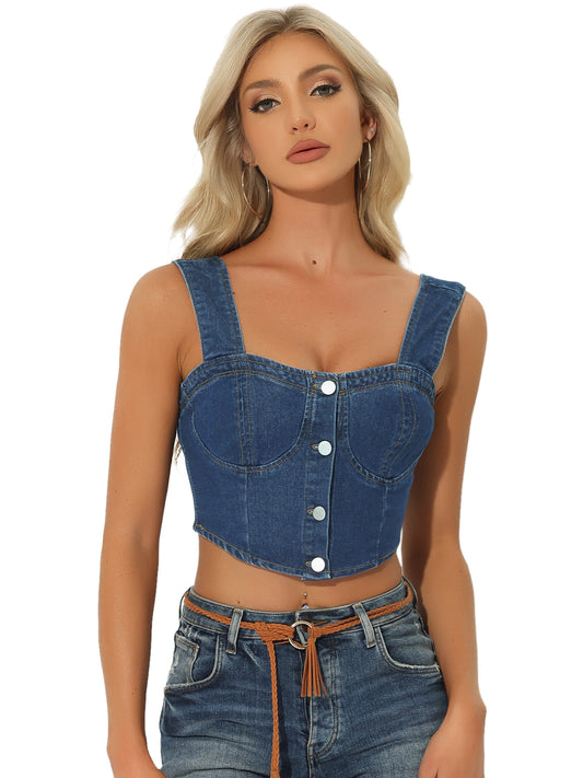 Women's Denim Corset Tops Button Down Sleeveless Bustier Jean Crop Tank Top