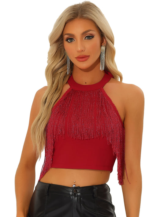 Women's Crop Tops Fringe Trim Glitter Sleeveless Tie Halter Neck Sparkly Party Corset Top