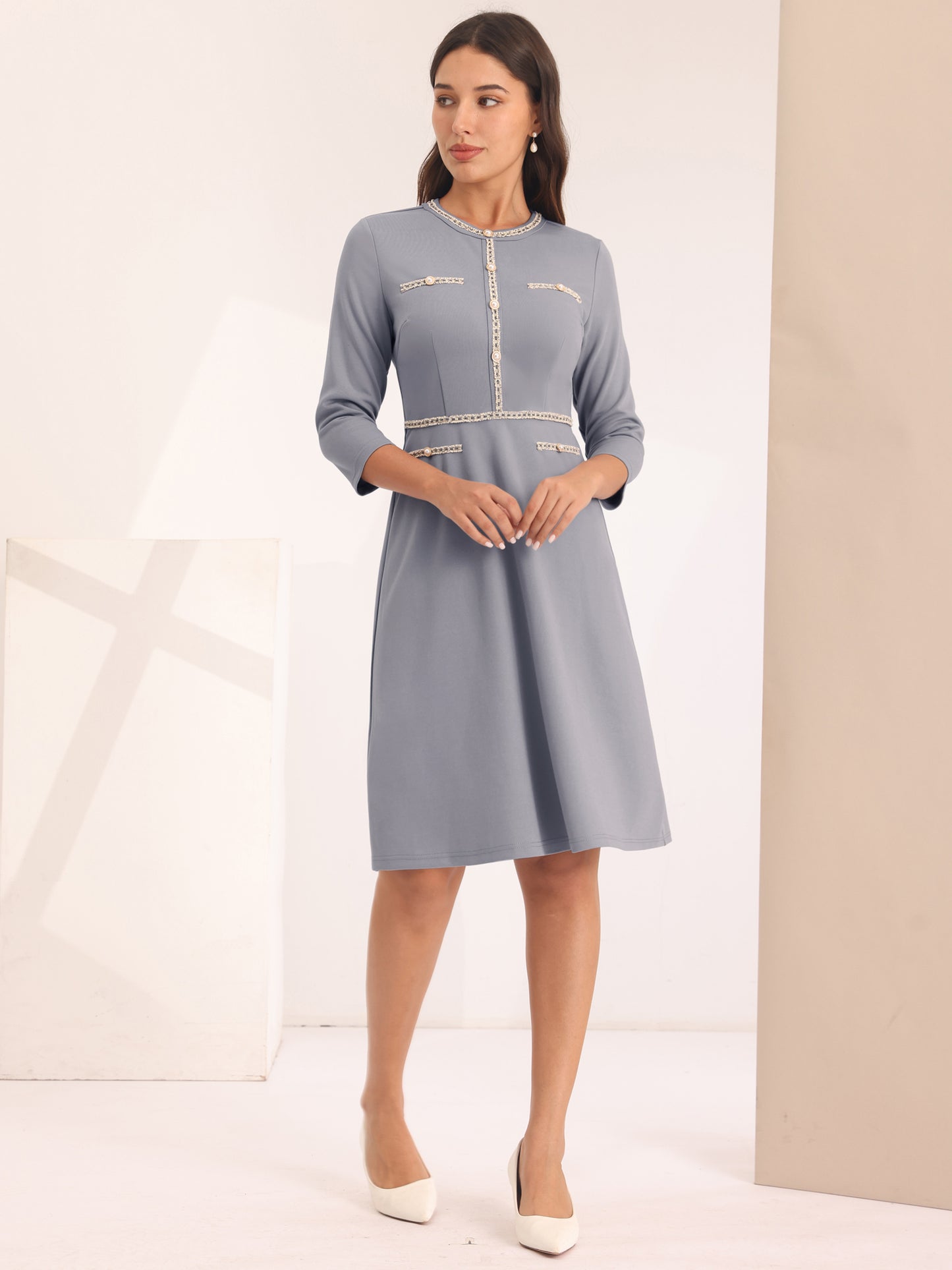 Women's 3/4 Sleeve Elegant A-Line Office Tweed Formal Dresses