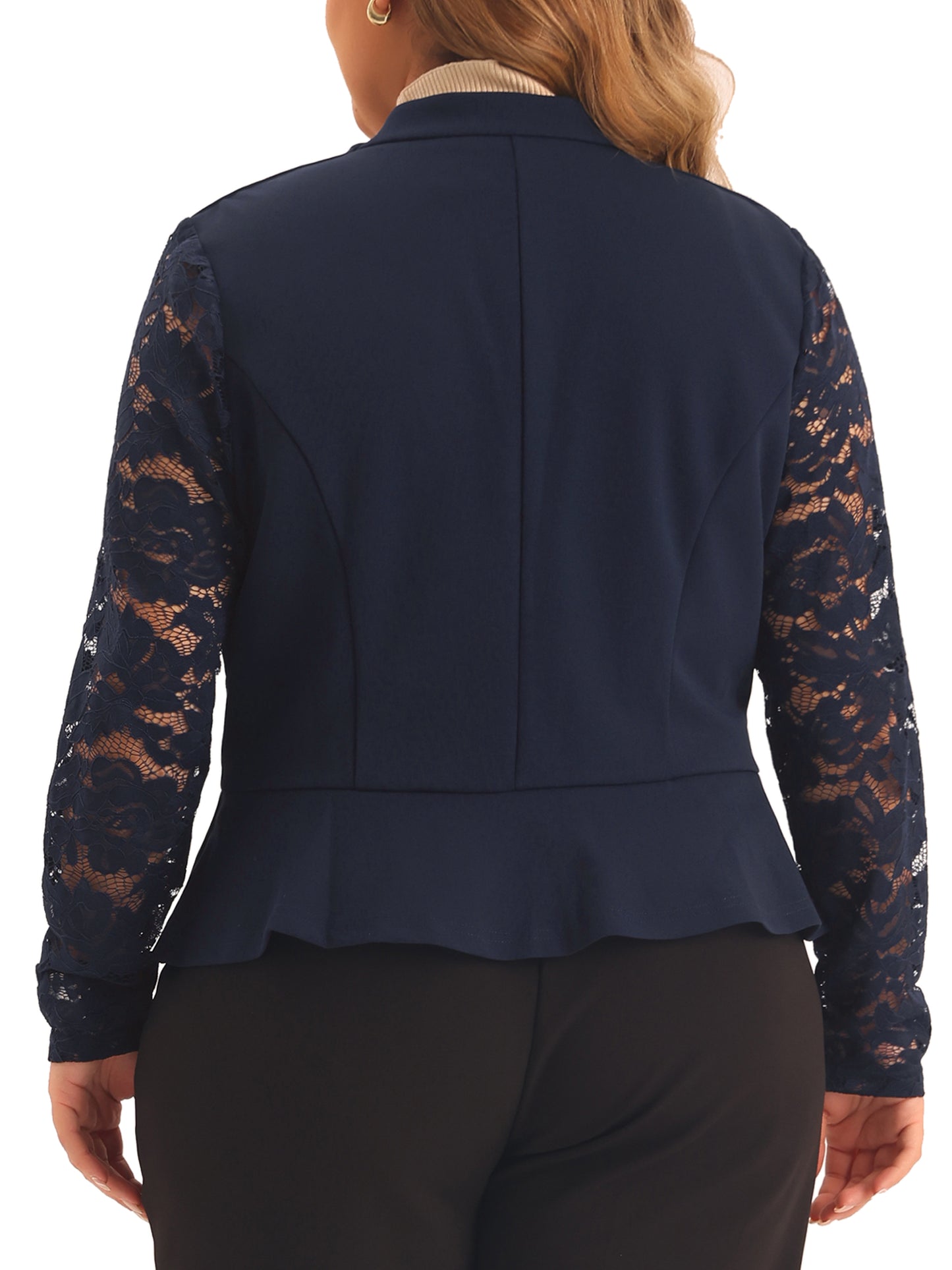 Chaqueta tipo bolero tipo blazer para mujer, de talla grande, con manga larga y encaje, con abertura frontal.