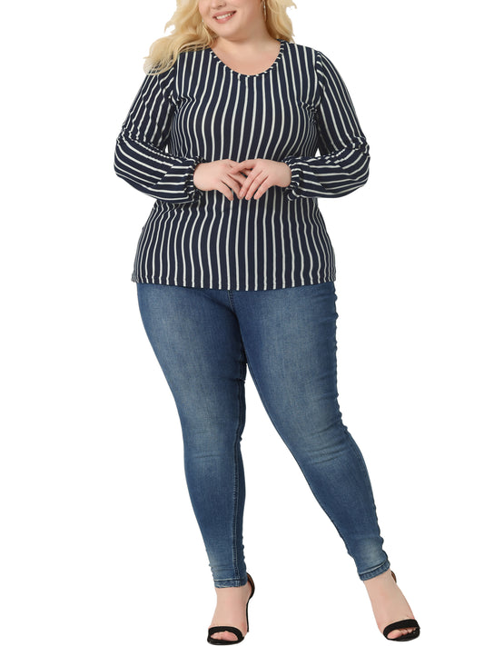 Women Plus Size Boho Color Block Elastic Cuff Long Sleeve Striped Top
