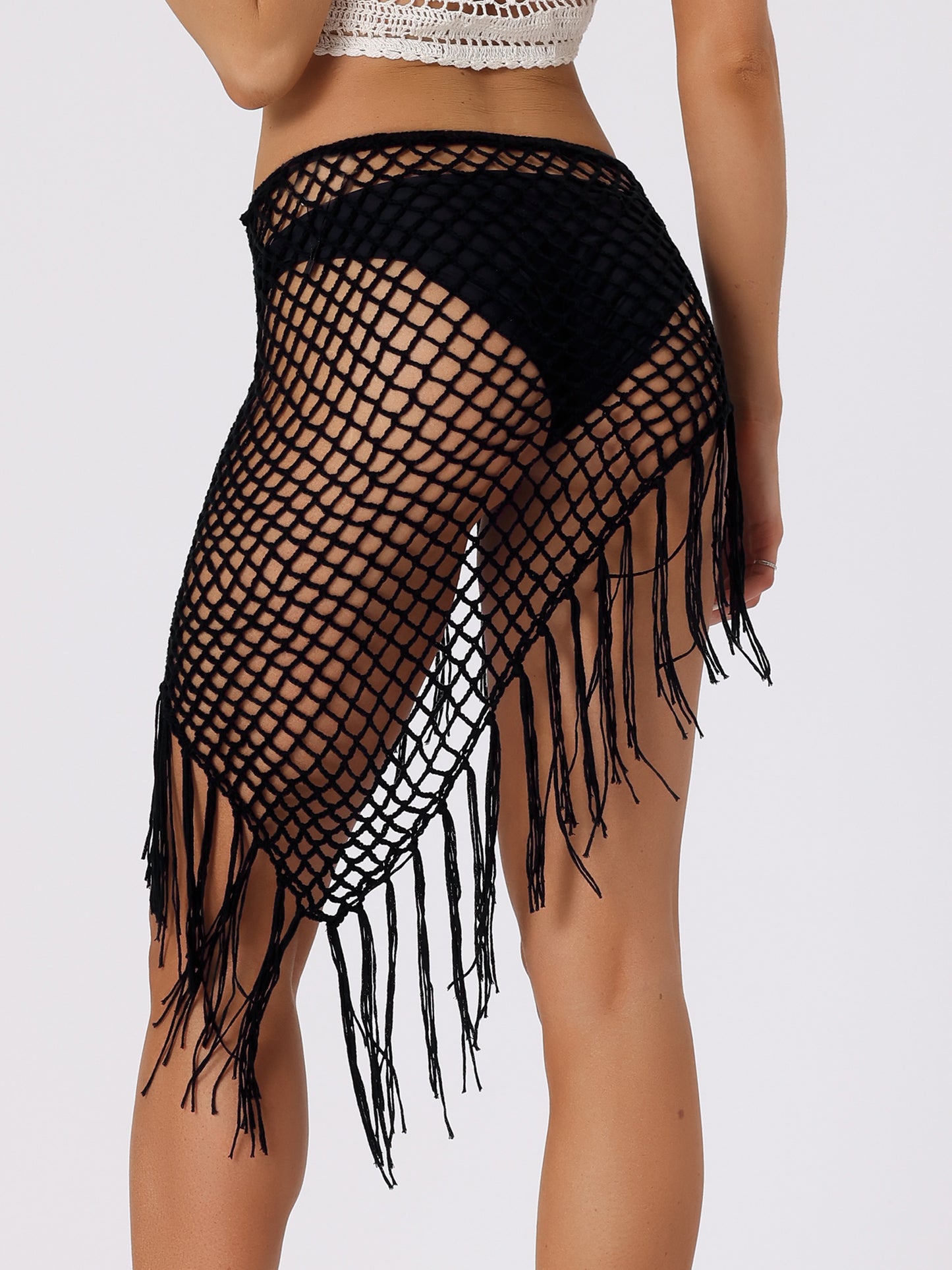 Faldas de playa sexys con borlas huecas para mujer, pareo largo de malla transparente