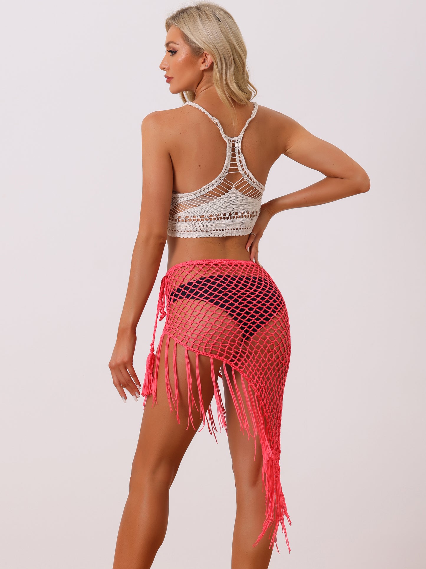 Women's Sexy Hollow Out Tassle Skirts Beach Cover Up Wrap Mesh Sheer Maxi Sarong Swimwear