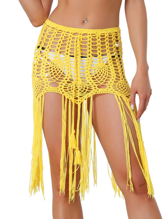 Traje de baño de playa sexy de crochet para mujer con borlas y falda de verano
