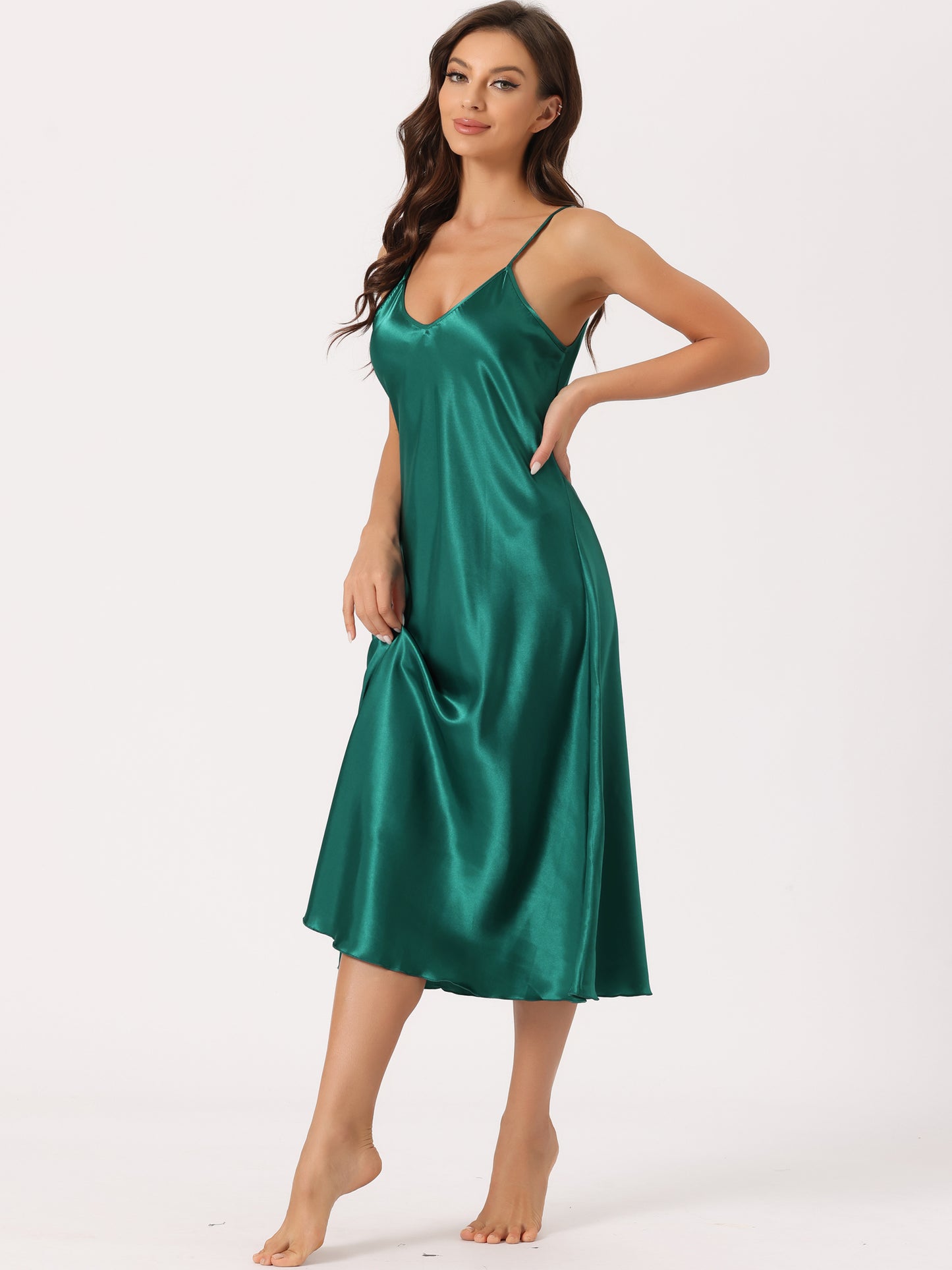 cheibear Satin Pajama Nightdress Nightshirt Sleepwear V-Neck Lounge Nightgown Dark Green