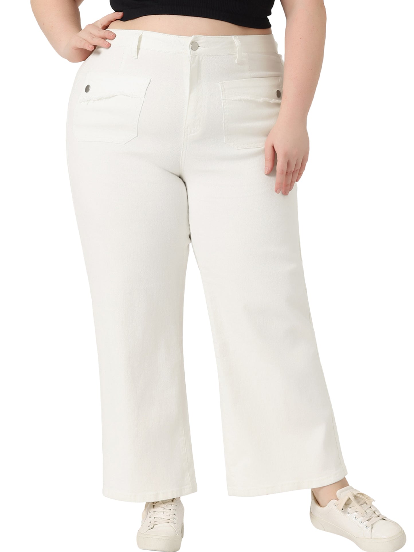 Women Plus Size Jeans Wide Leg Washed Stretch With Pockets Palazzo Denim Jeans