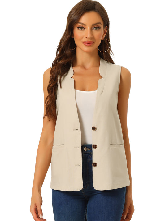 Women's Casual V Neck Button Down Cotton Linen Vest