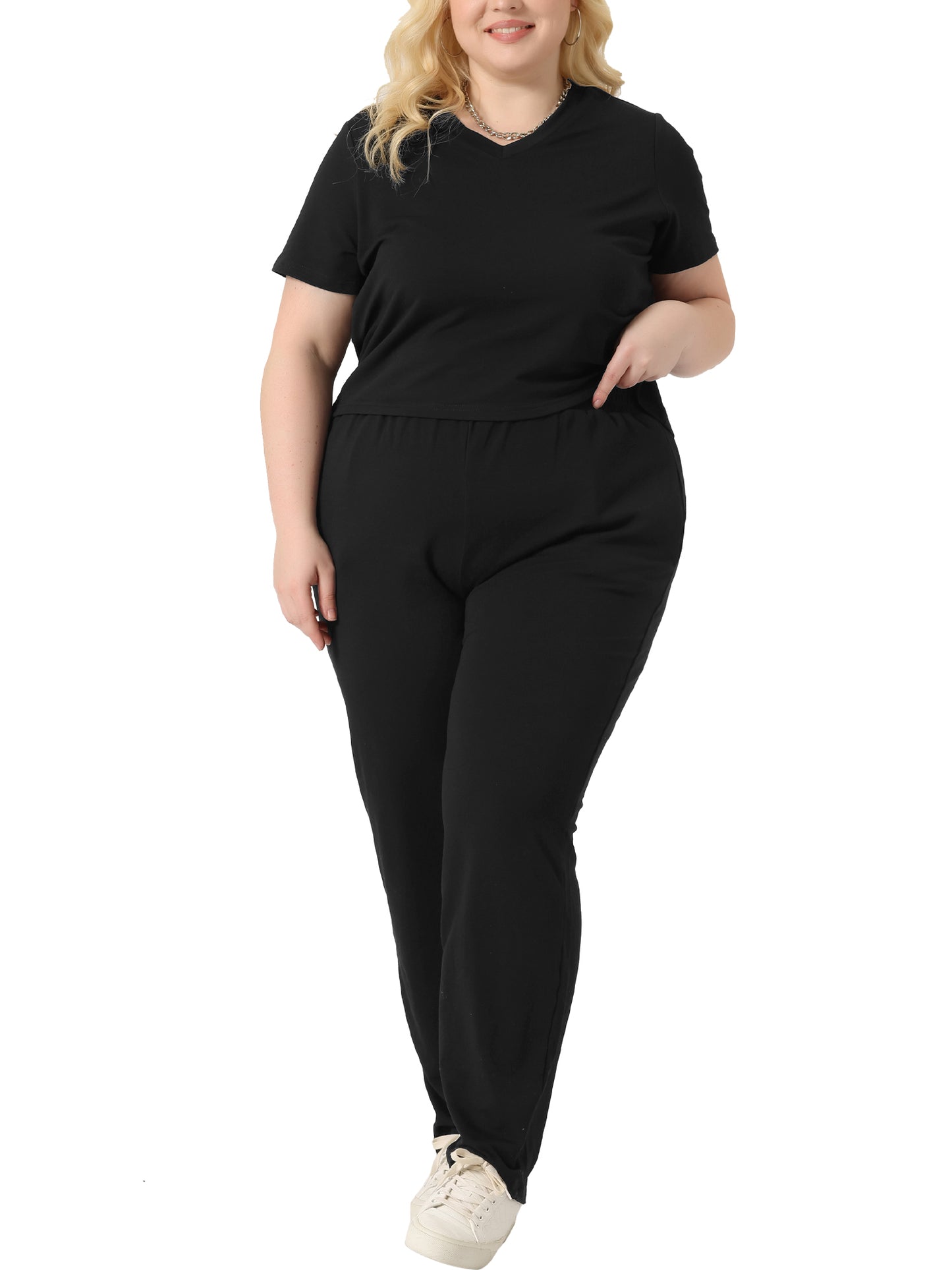 Women Plus Size 2 Piece Outfit Tracksuit Sets Short Sleeve Tops Long Pants Summer Sport Lounge Set