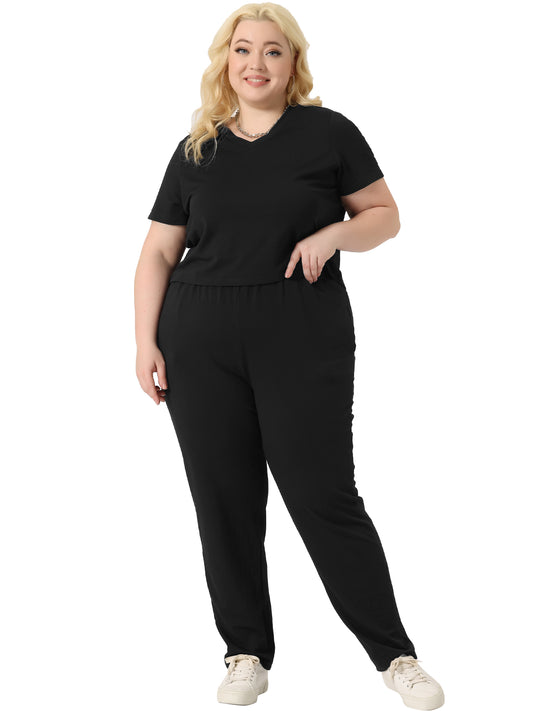 Women Plus Size 2 Piece Outfit Tracksuit Sets Short Sleeve Tops Long Pants Summer Sport Lounge Set