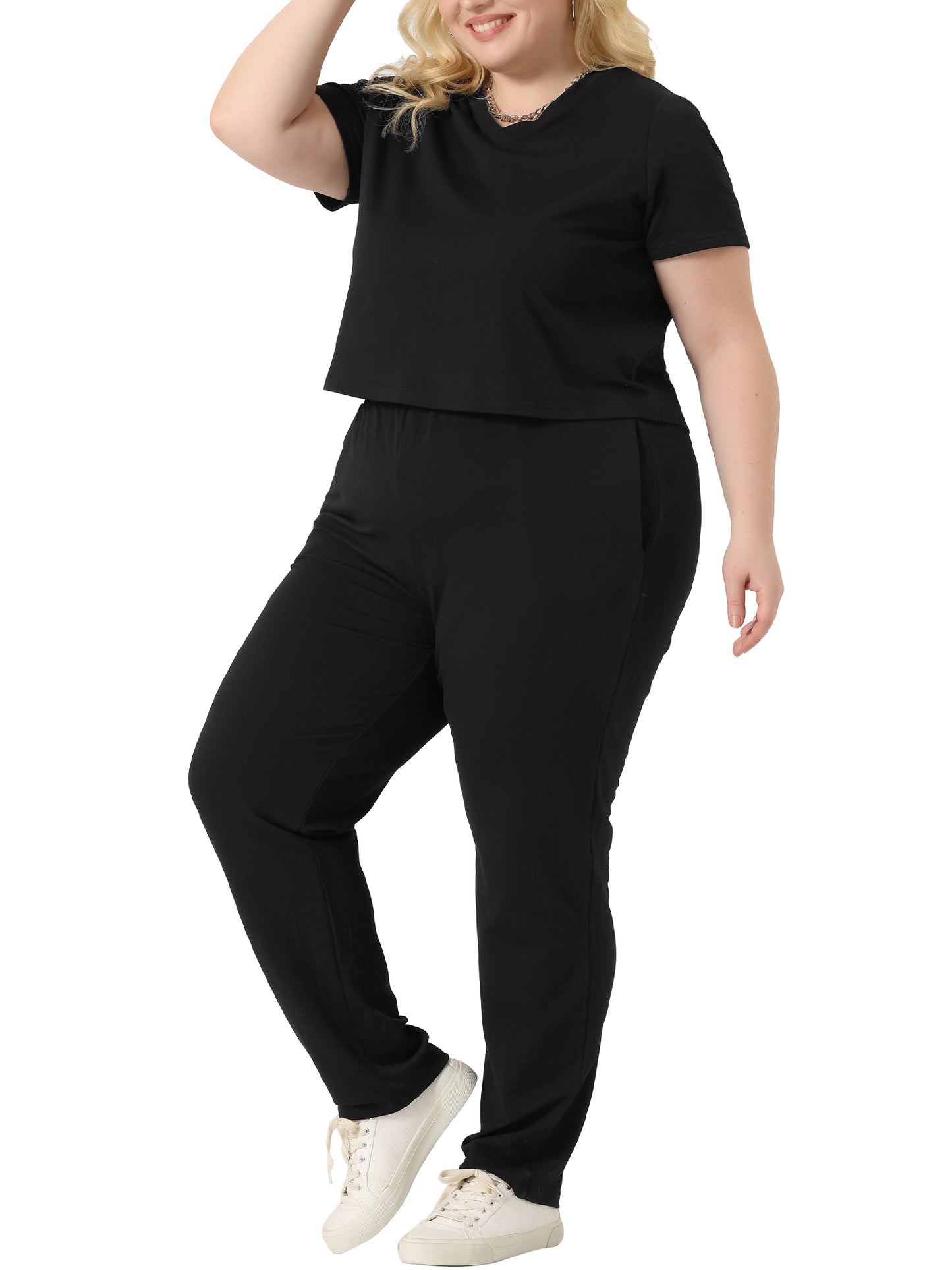 Women Plus Size 2 Piece Outfit Tracksuit Sets Short Sleeve Tops Long Pants Summer Sport Lounge Set