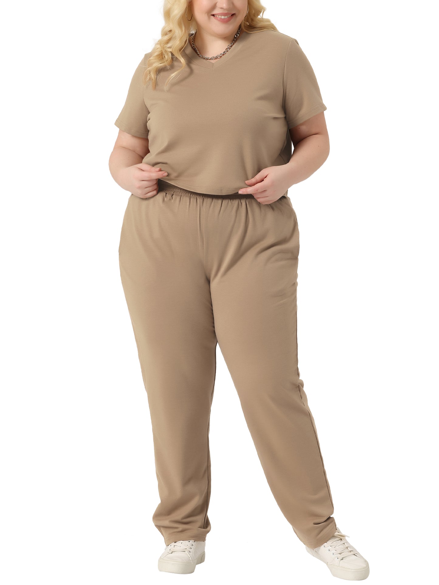 Women Plus Size 2 Piece Outfit Tracksuit Sets Short Sleeve Tops Long Pants Summer Sport Lounge Set