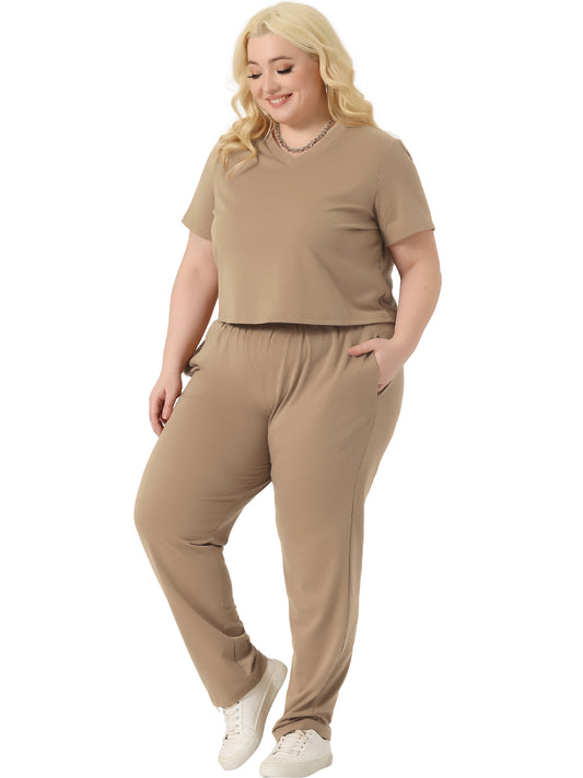 Women Plus Size 2 Piece Outfit Tracksuit Sets Short Sleeve Tops Long Pants Summer Sport Lounge Set