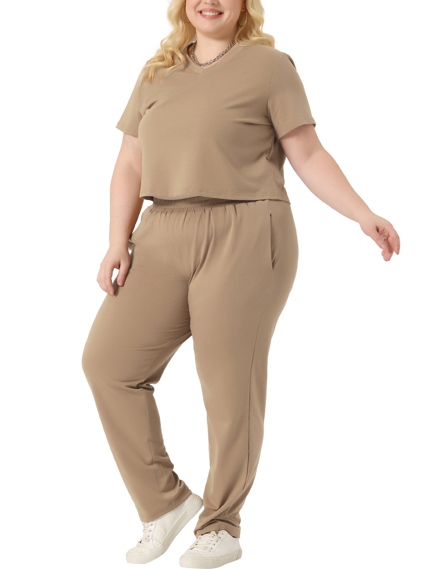 Women Plus Size 2 Piece Outfit Tracksuit Sets Short Sleeve Tops Long Pants Summer Sport Lounge Set