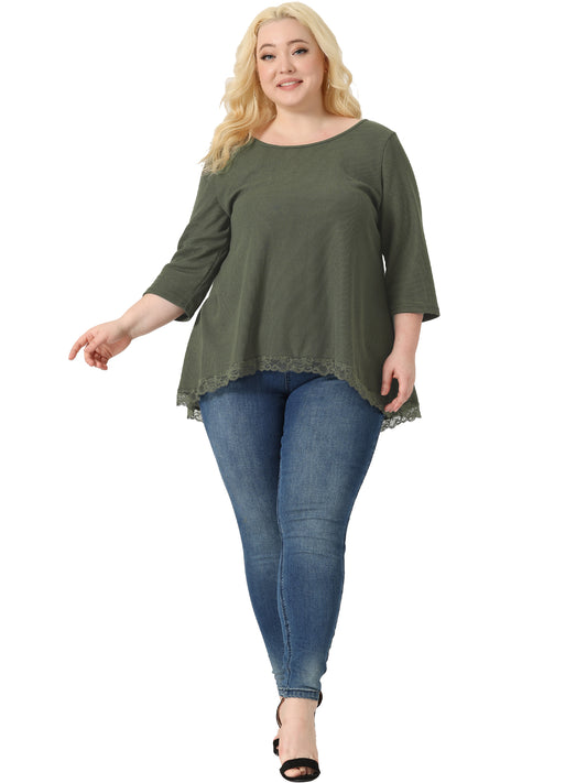 Women Plus Size Blouse Waffle 3/4 Sleeve Round Neck Lace Panel Loose High Low Hem Top