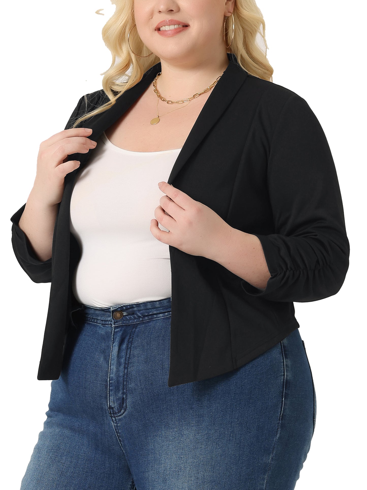 Women's Plus Size 3/4 Ruched Sleeve Lightweight Work Office Blazer Jacket