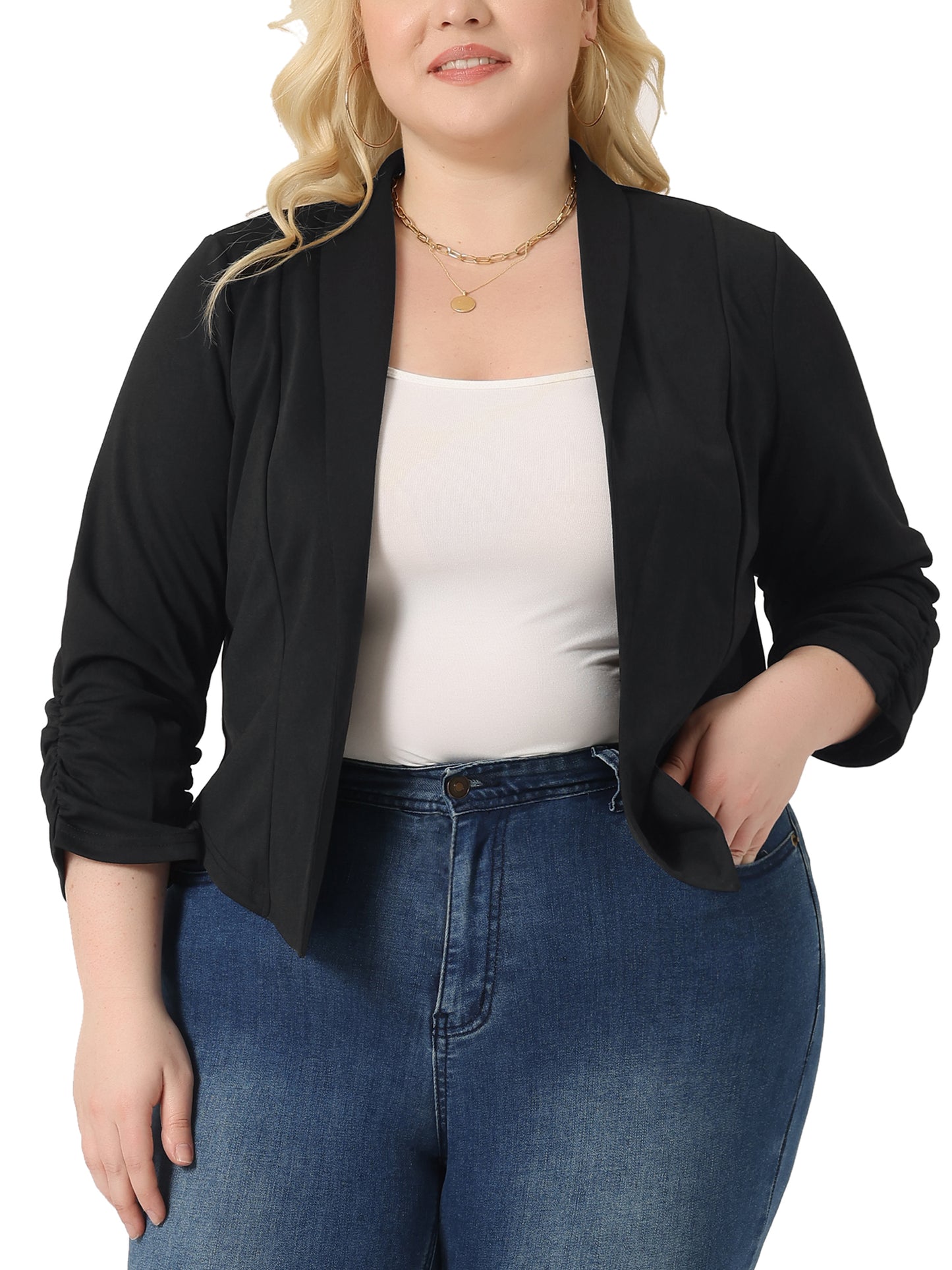 Women's Plus Size 3/4 Ruched Sleeve Lightweight Work Office Blazer Jacket