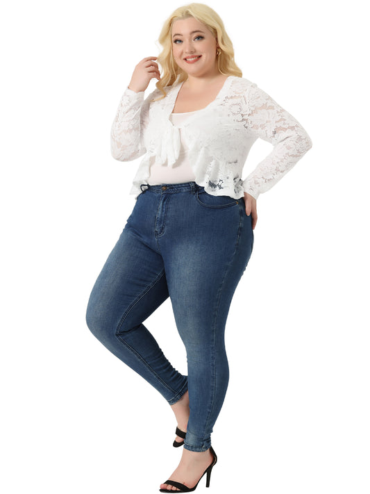 Women Plus Size Sheer Lace Tie Front Shrug Bolero Crop Summer Cardigan