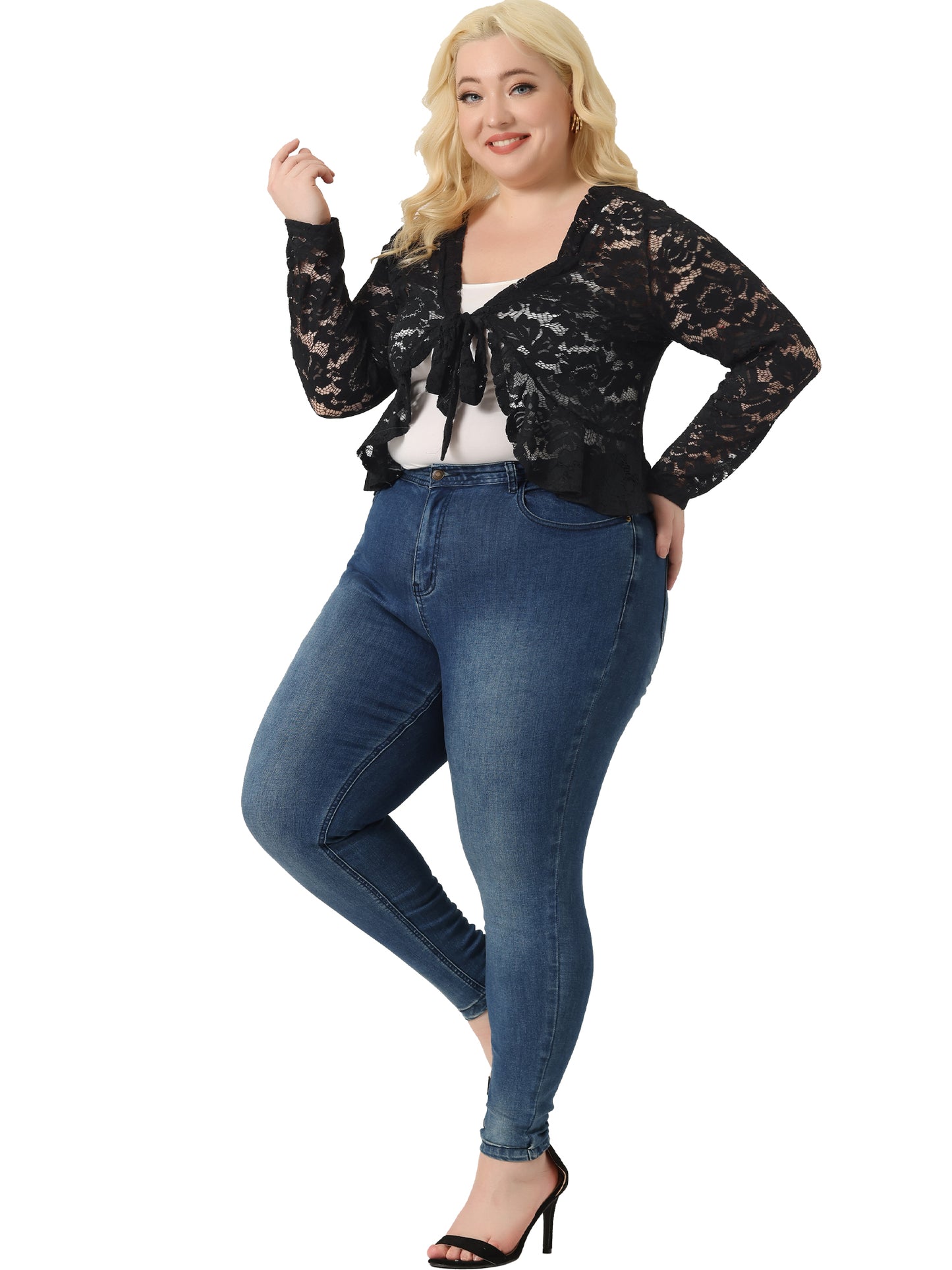 Women Plus Size Sheer Lace Tie Front Shrug Bolero Crop Summer Cardigan