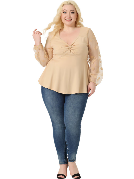 Women Plus Size Top Long Sleeve V Neck Mesh Sheer Peplum Top Babydoll Blouse