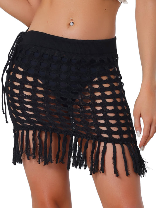 Women Crochet Skirt Tassel Mesh Cover Up Skirts Drawstring Beach Skirt
