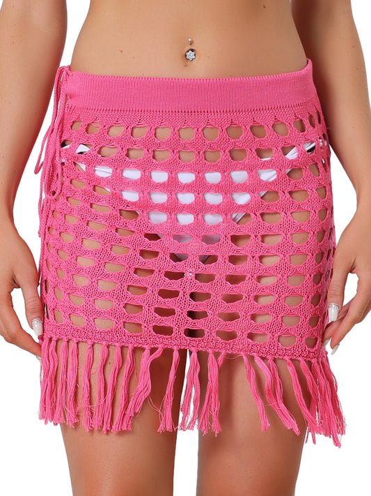 Women Crochet Skirt Tassel Mesh Cover Up Skirts Drawstring Beach Skirt