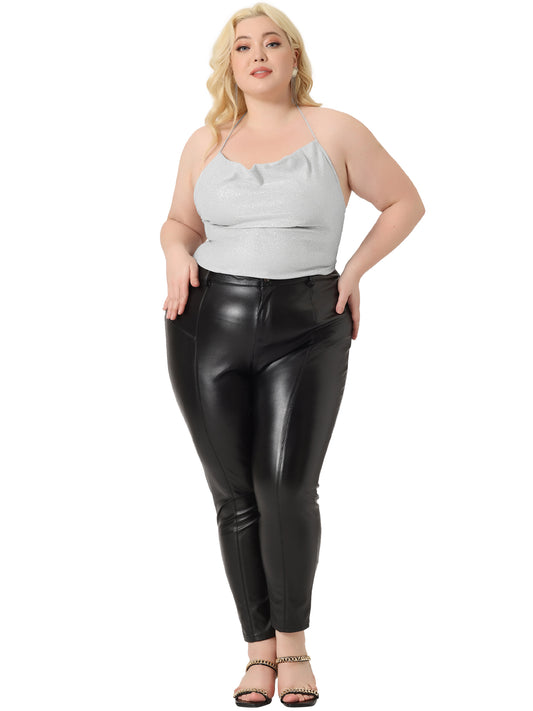 Women Plus Size Glitter Party Camisole Draped Neck Cami Criss Cross Backless Crop Top