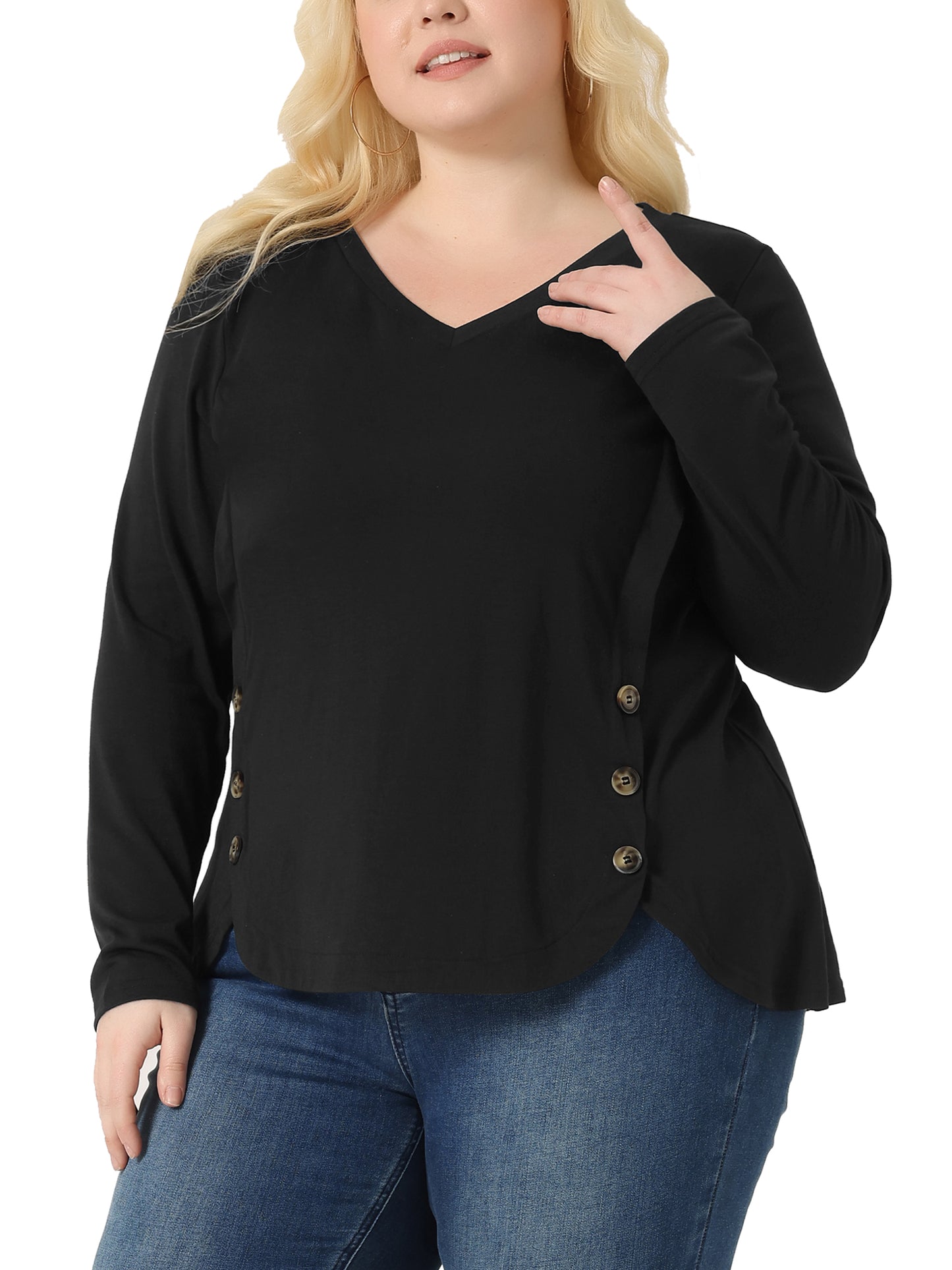 Women Plus Size Tops Casual V Neck Loose Button Side Long Sleeve Basic Swing Tunic