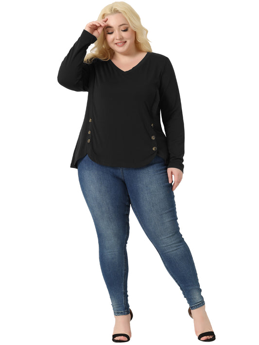 Women Plus Size Tops Casual V Neck Loose Button Side Long Sleeve Basic Swing Tunic