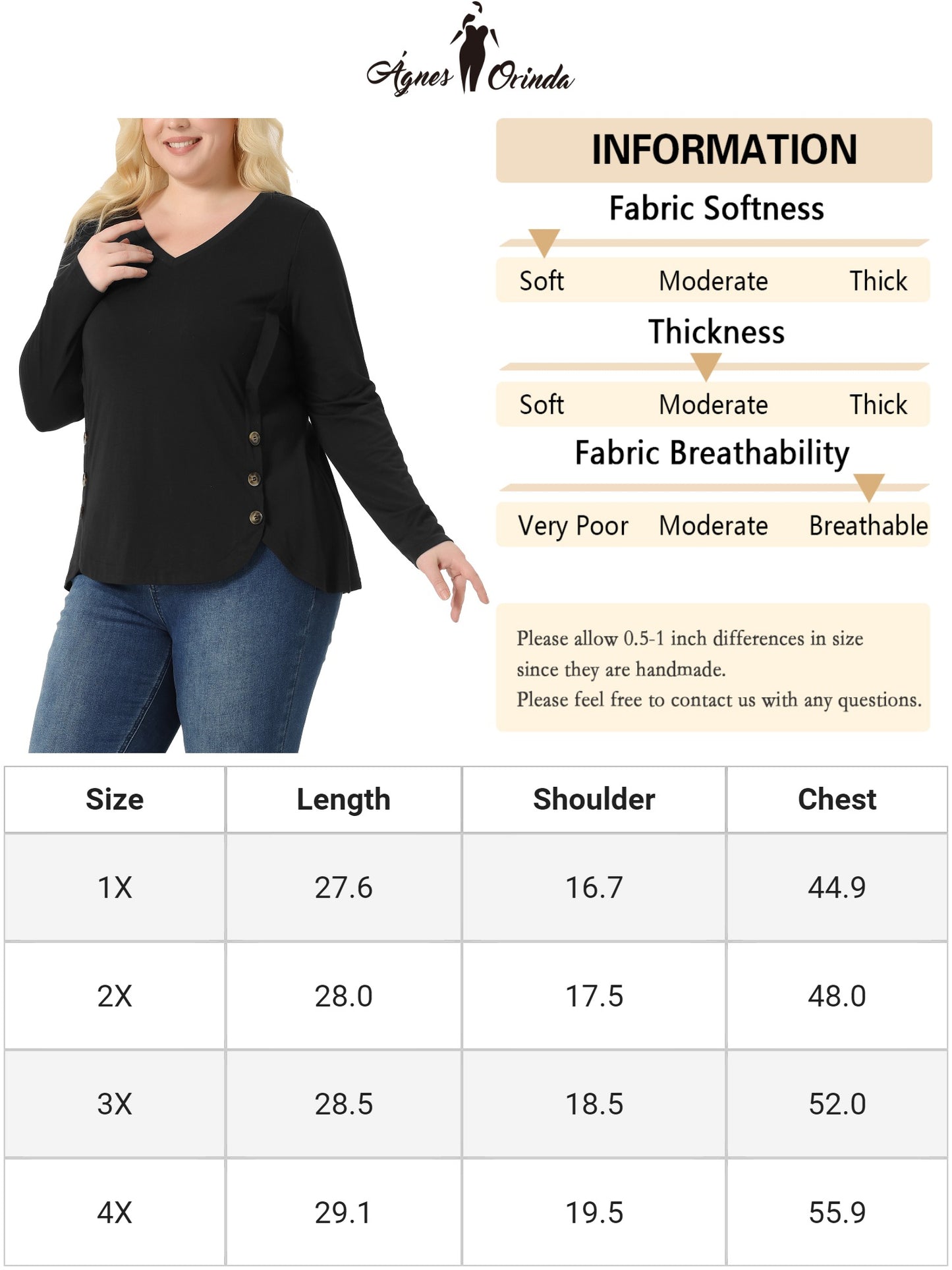 Women Plus Size Tops Casual V Neck Loose Button Side Long Sleeve Basic Swing Tunic