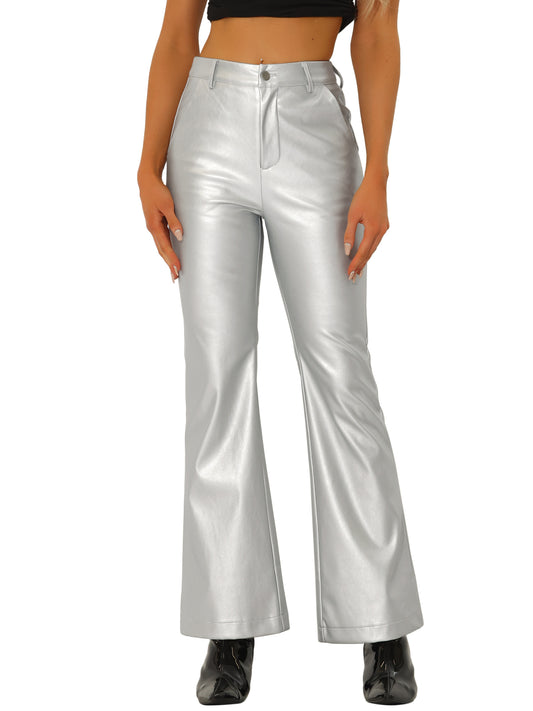 Women's Faux Leather Casual Pants High Waist Bell Bottom Flared Long PU Trousers